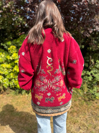 Vintage 1/4 Zip Teddy Borg Fleece Jacket with Folk Animal & Snowflake Pattern