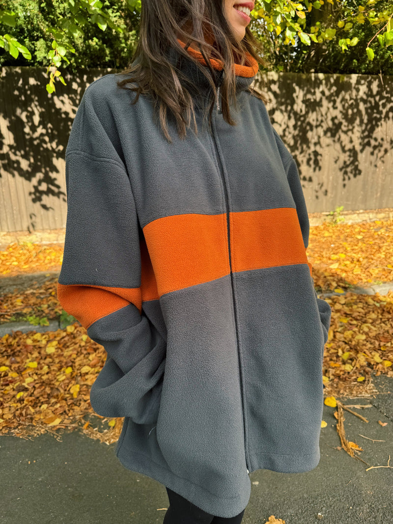 Vintage Charcoal & Burnt Orange Zip-Up Fleece Jacket