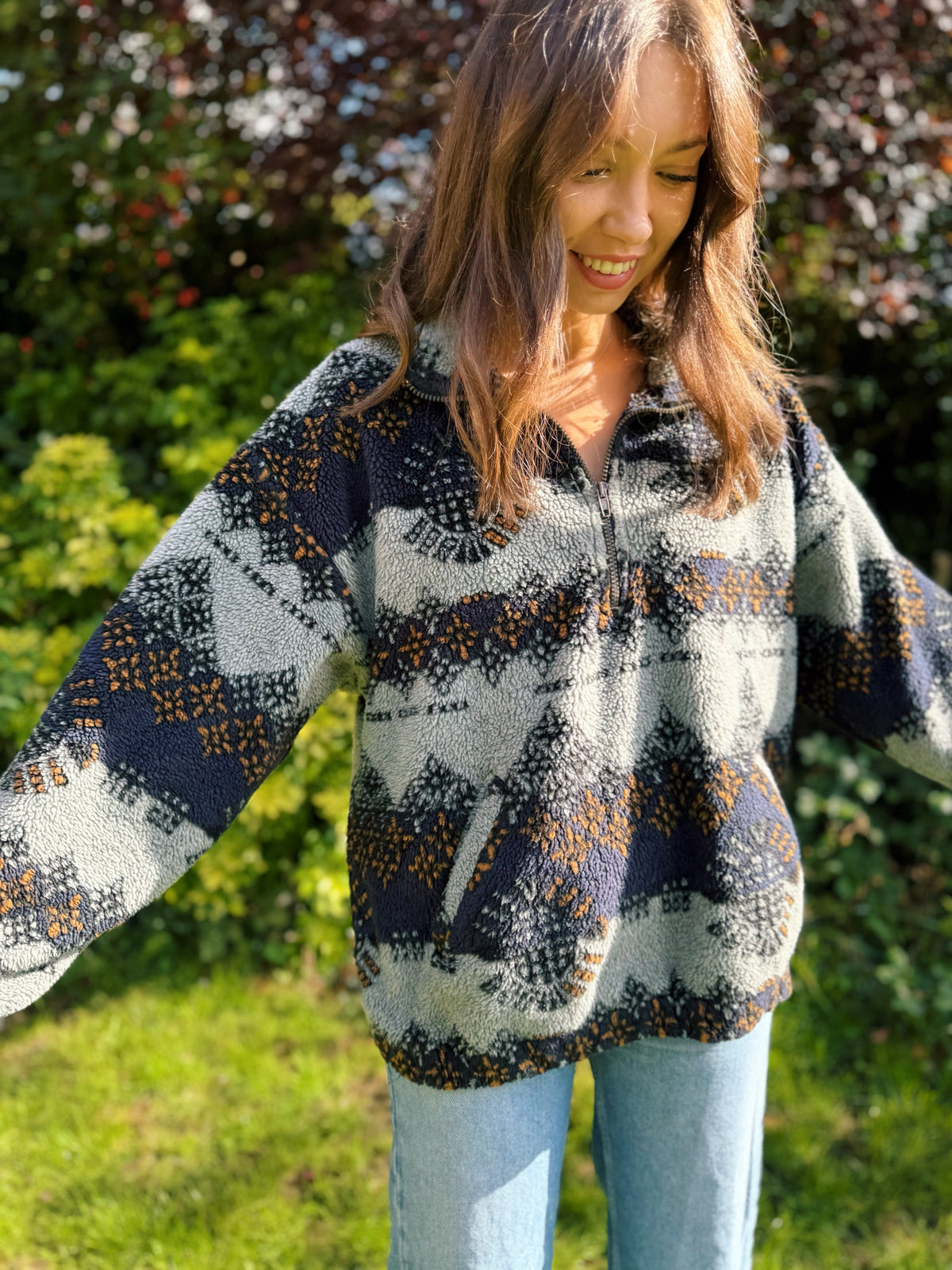 Vintage Abstract Pattern 1/4 Zip Teddy  Fleece Jacket