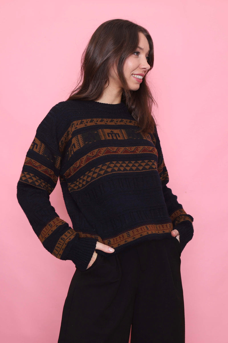 Vintage Navy & Brown Pattern Knit Jumper