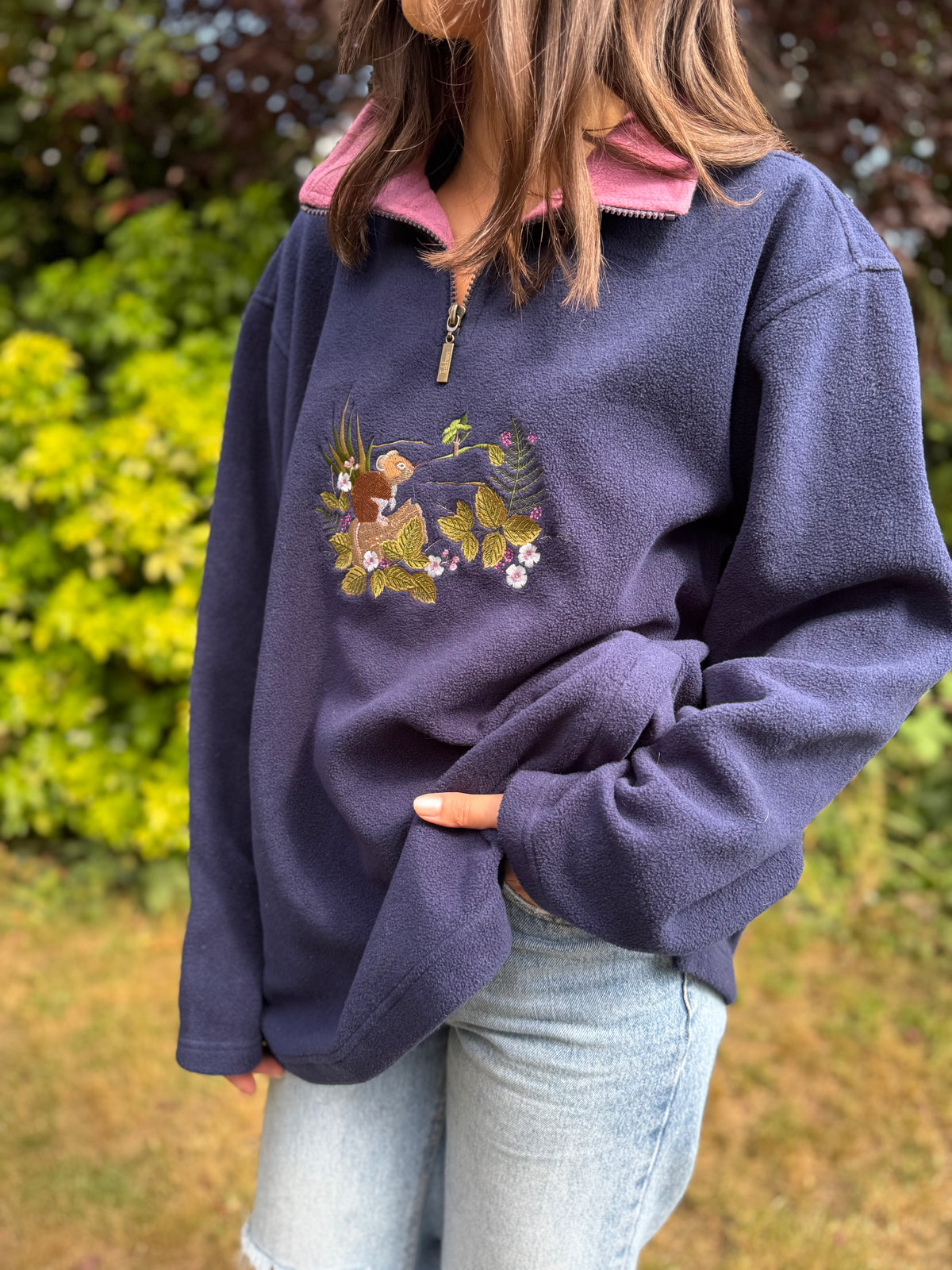 Vintage Mouse Embroidered 1/4 Zip Fleece Navy