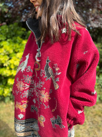Vintage 1/4 Zip Teddy Borg Fleece Jacket with Folk Animal & Snowflake Pattern