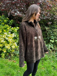 Vintage Brown Floral Embroidered 1/4 Zip Teddy Fleece