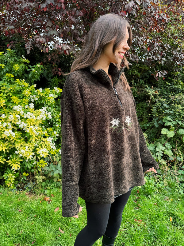 Vintage Brown Floral Embroidered 1/4 Zip Teddy Fleece