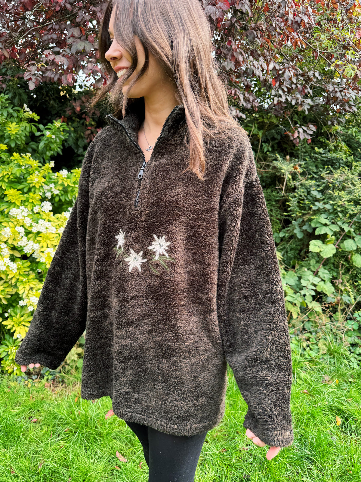 Vintage Brown Floral Embroidered 1/4 Zip Teddy Fleece