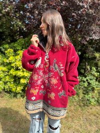 Vintage 1/4 Zip Teddy Borg Fleece Jacket with Folk Animal & Snowflake Pattern