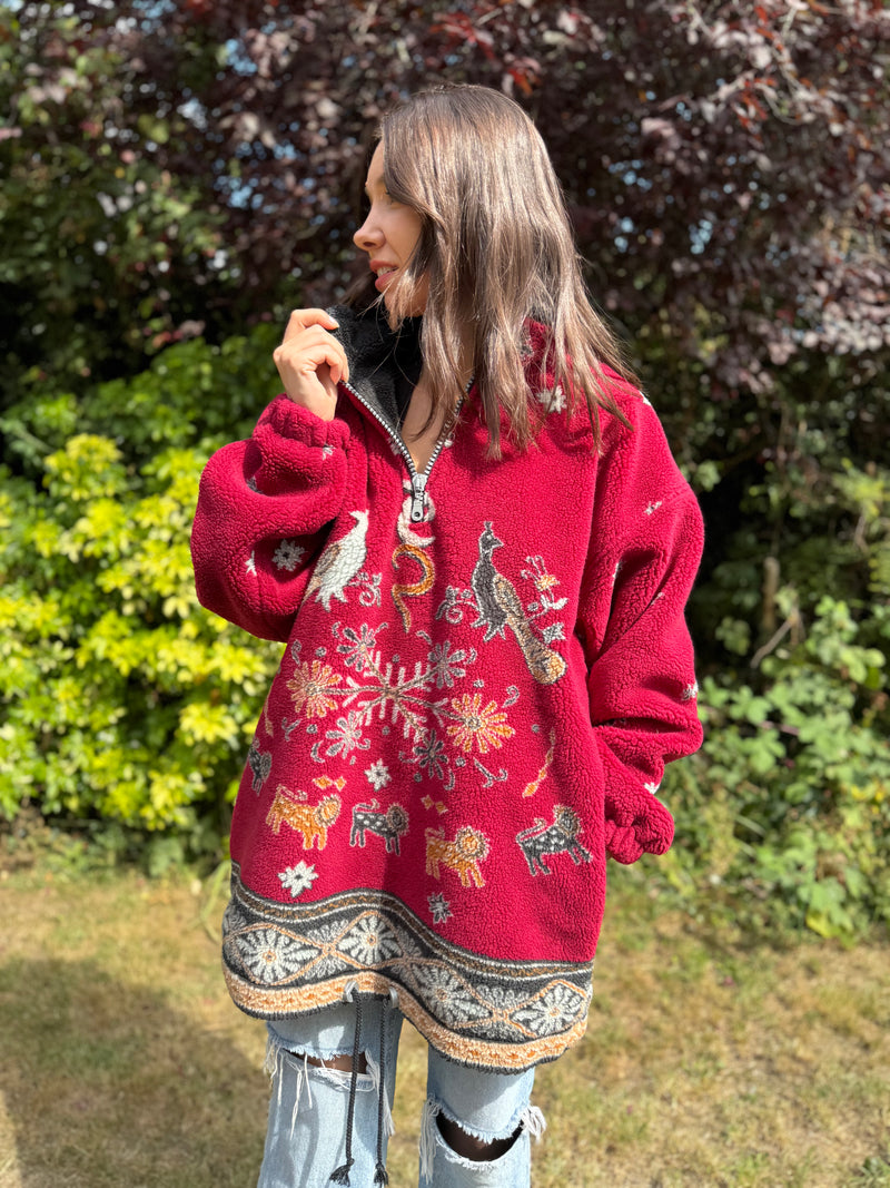 Vintage 1/4 Zip Teddy Borg Fleece Jacket with Folk Animal & Snowflake Pattern