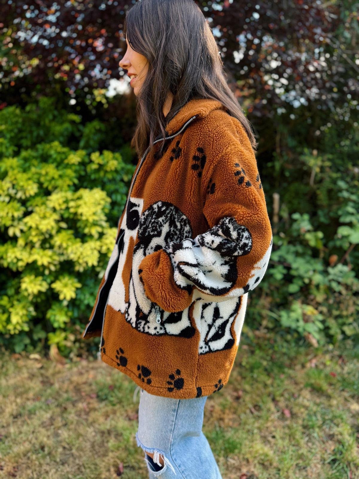 Vintage Dog Pattern Sherpa Teddy Fleece Jacket