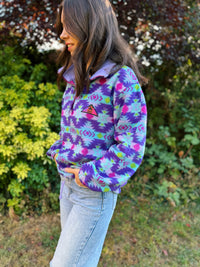 Vintage Geometric Pattern 1/4 Zip Polartec Fleece Pullover Purple & Teal