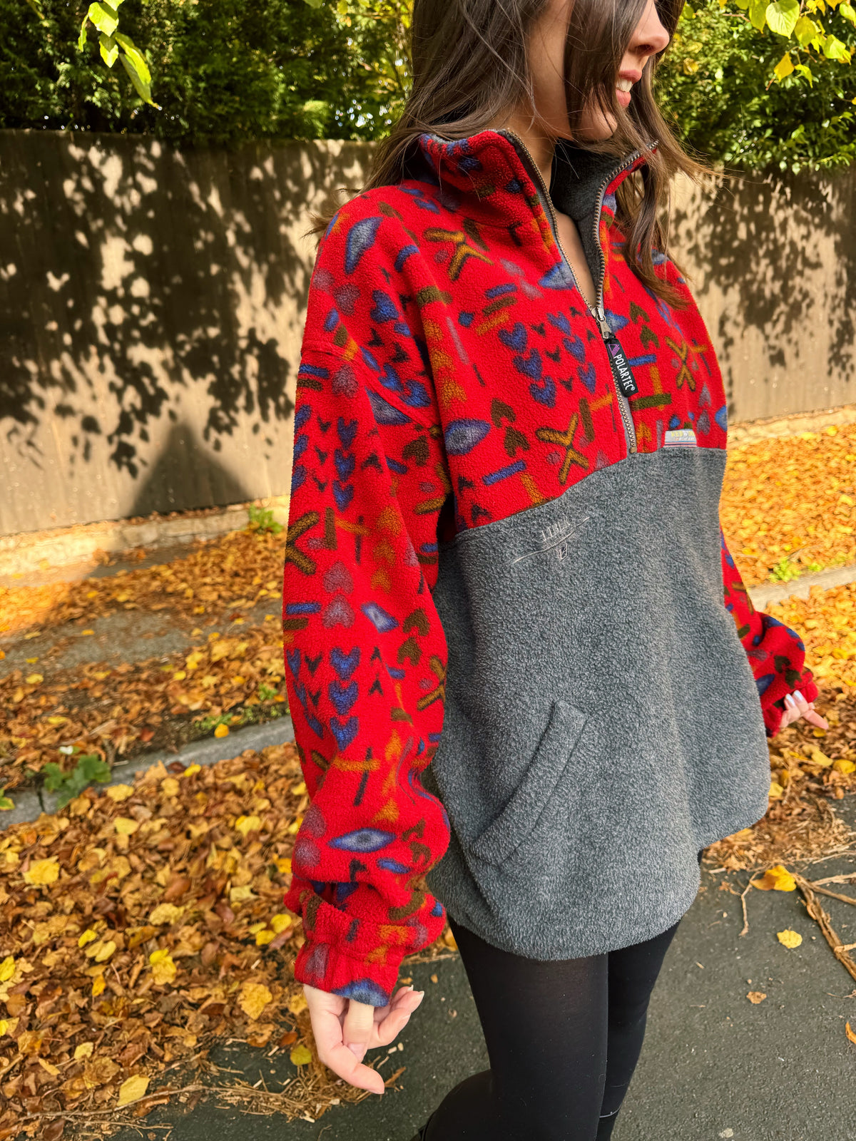 Vintage 90s Abstract Pattern Red & Grey 1/4 Zip Polartec Fleece