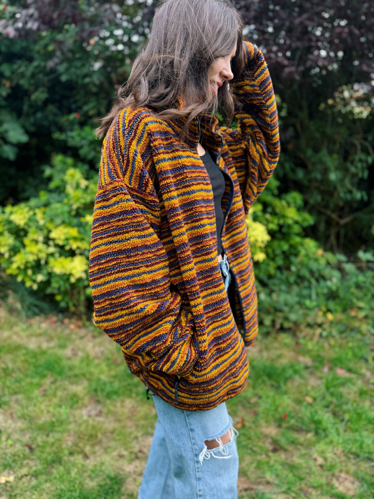 Vintage Striped Pattern Full Zip Teddy Fleece Jacket