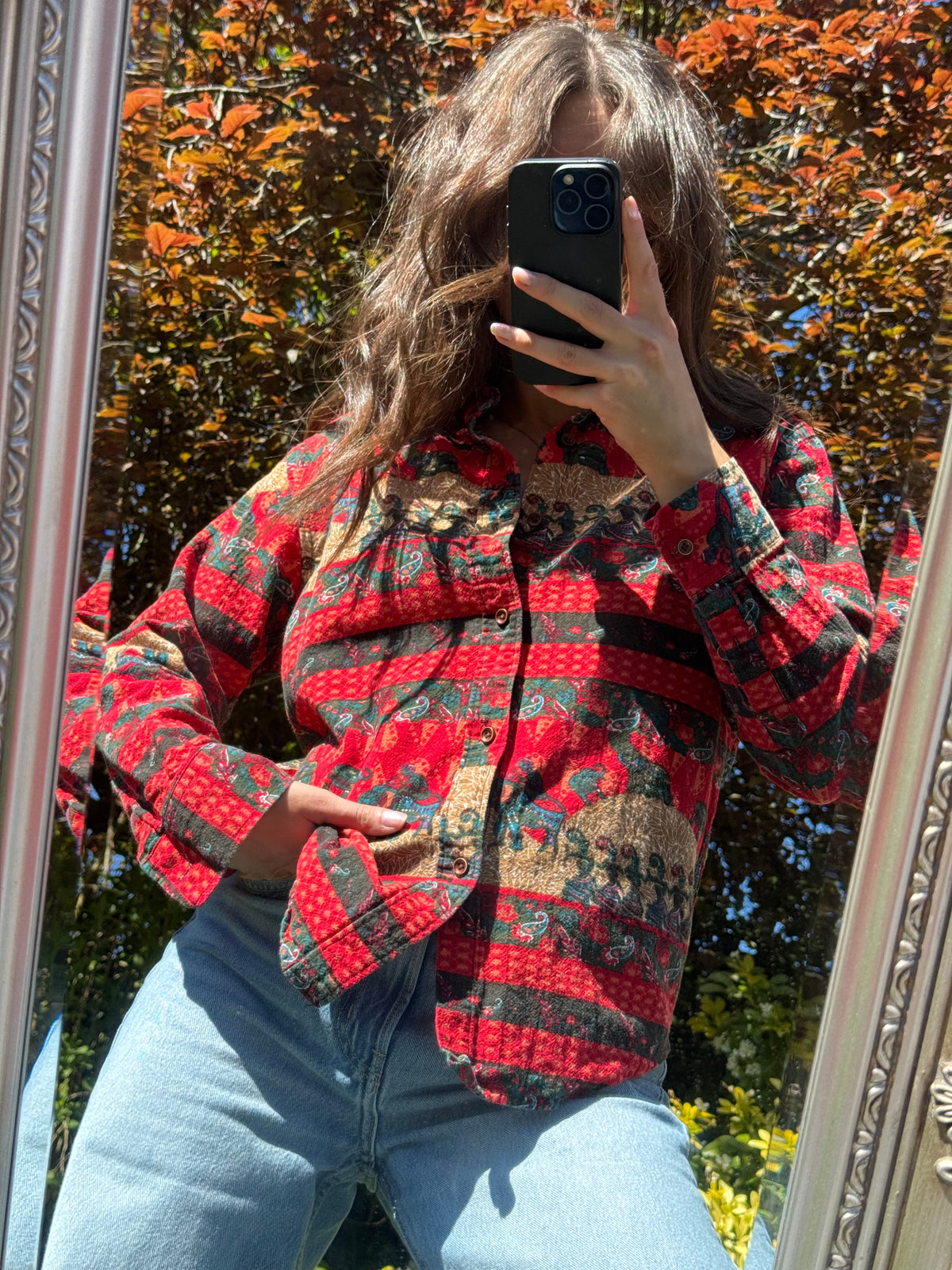 Vintage Elephant Print Shirt Red | Pattern Blouse Long Sleeve