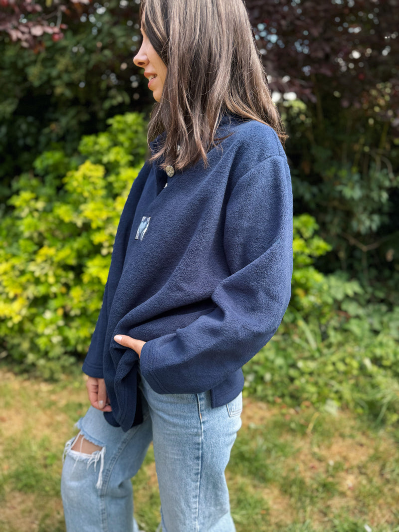 Vintage 1/4 Button Fleece Pullover Navy Blue with Heart Patch Detail