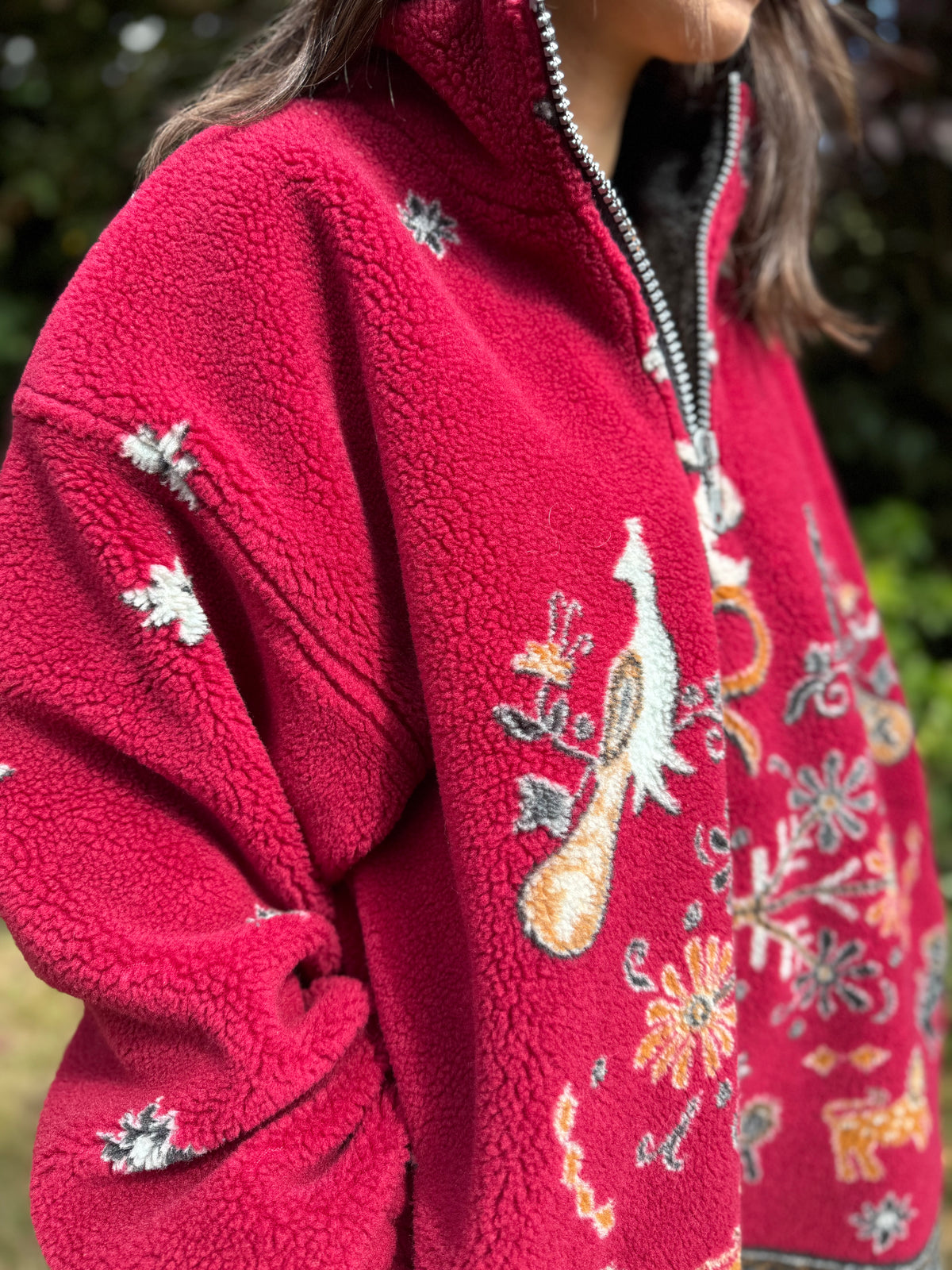 Vintage 1/4 Zip Teddy Borg Fleece Jacket with Folk Animal & Snowflake Pattern