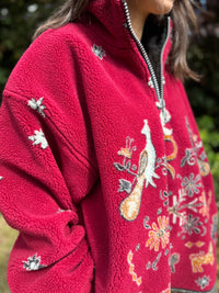Vintage 1/4 Zip Teddy Borg Fleece Jacket with Folk Animal & Snowflake Pattern