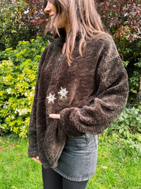 Vintage Brown Floral Embroidered 1/4 Zip Teddy Fleece