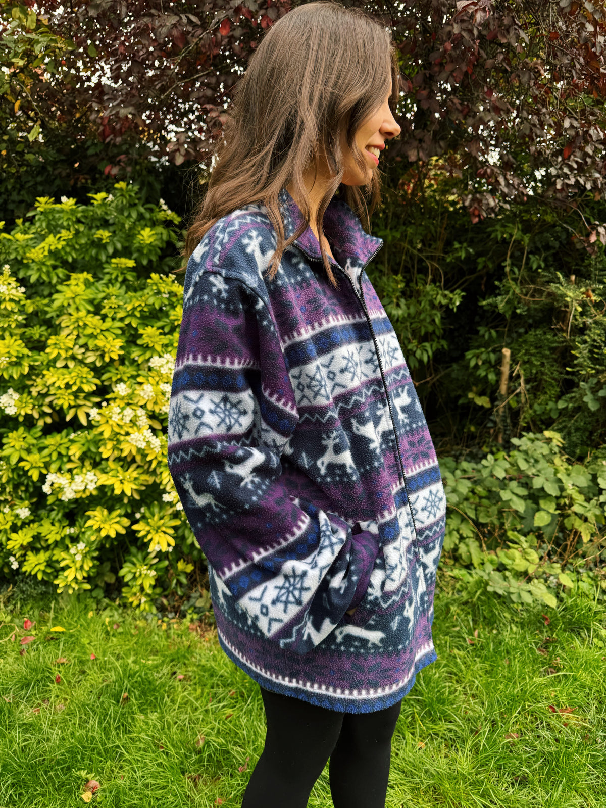 Vintage Reindeer & Snowflake Pattern Zip Up Fleece Jacket