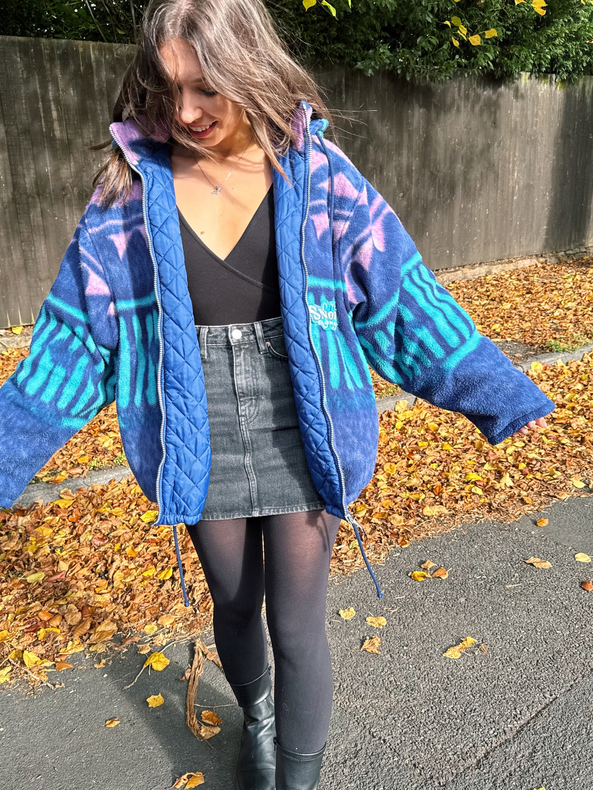 Vintage 90s Abstract Pattern Fleece Jacket With Hood