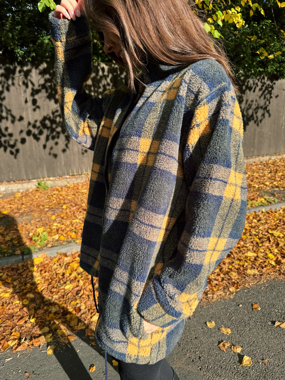 Vintage Navy & Mustard Plaid Zip Up Teddy Fleece Jacket