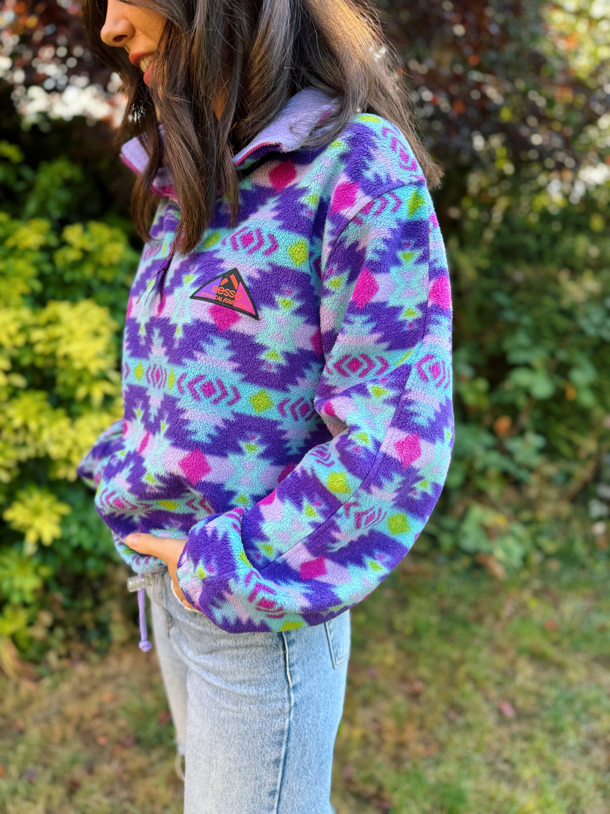 Vintage Geometric Pattern 1/4 Zip Polartec Fleece Pullover Purple & Teal