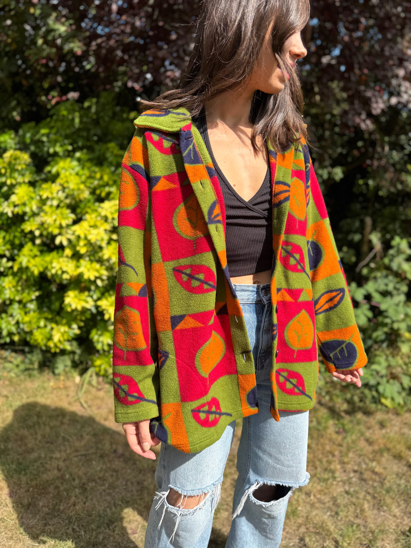 Vintage Autumn Leaf Print Colour Block Button Up Fleece Jacket