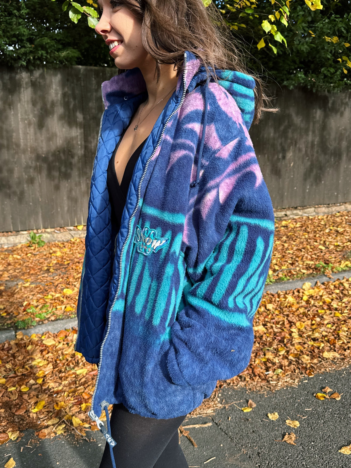 Vintage 90s Abstract Pattern Fleece Jacket With Hood