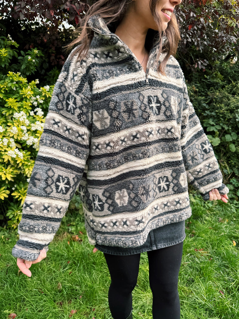 Vintage Grey Nordic Pattern 1/4 Zip Teddy Fleece