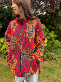 Retro Abstract Floral Zip Up Teddy Fleece Jacket