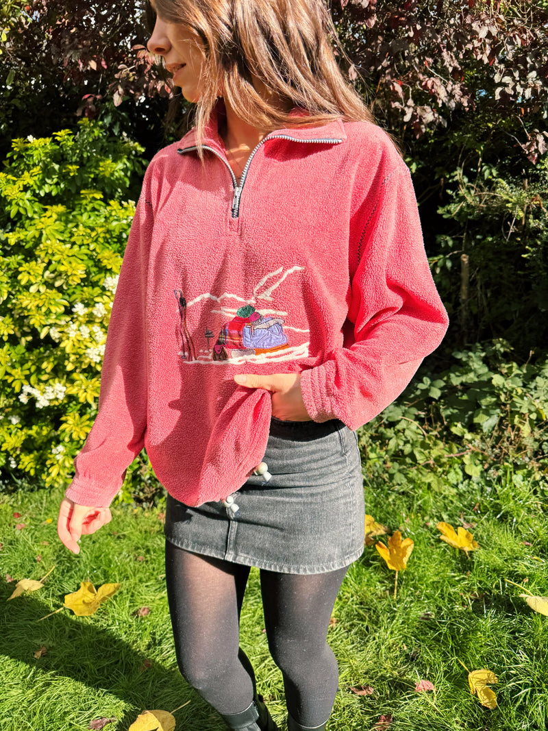 Brugi Vintage Ski Scene Embroidered 1/4 Zip Fleece