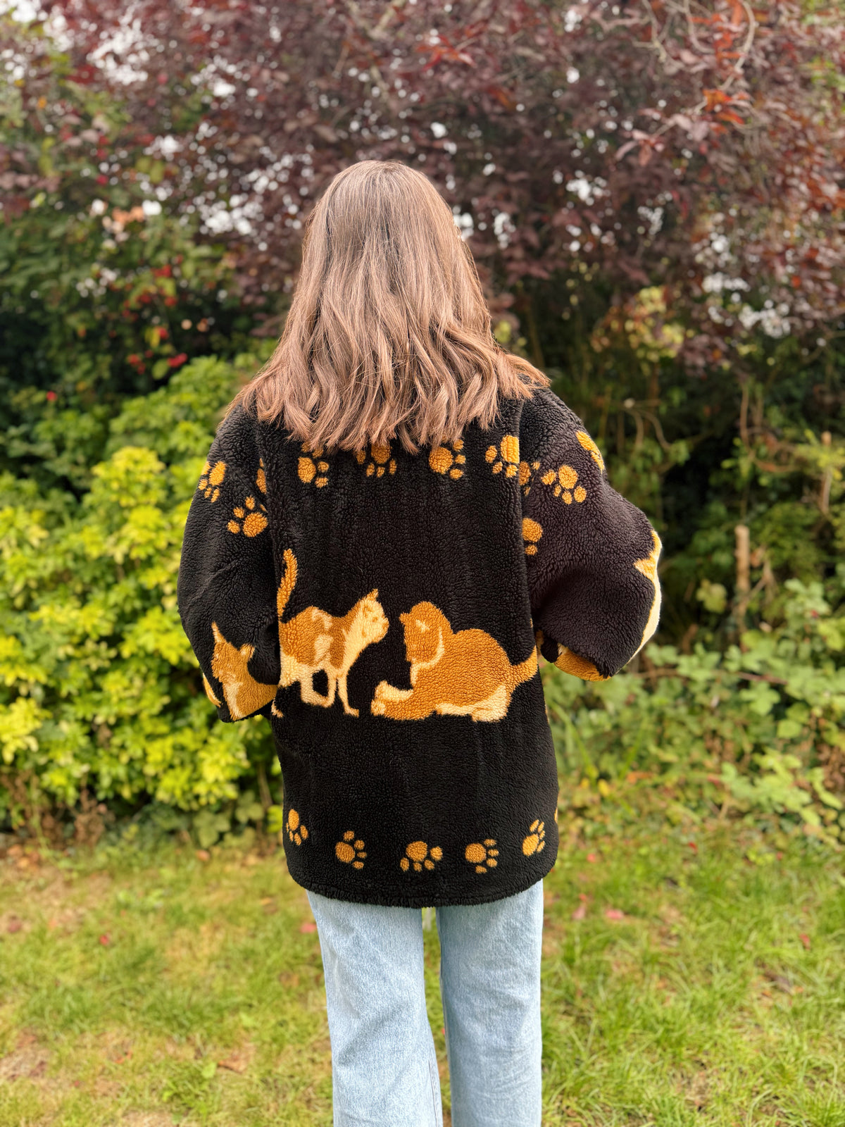 Vintage Cat Pattern Sherpa Teddy Fleece Jacket