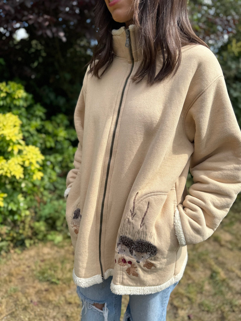 Vintage Embroidered Hedgehog Sherpa Fleece Jacket