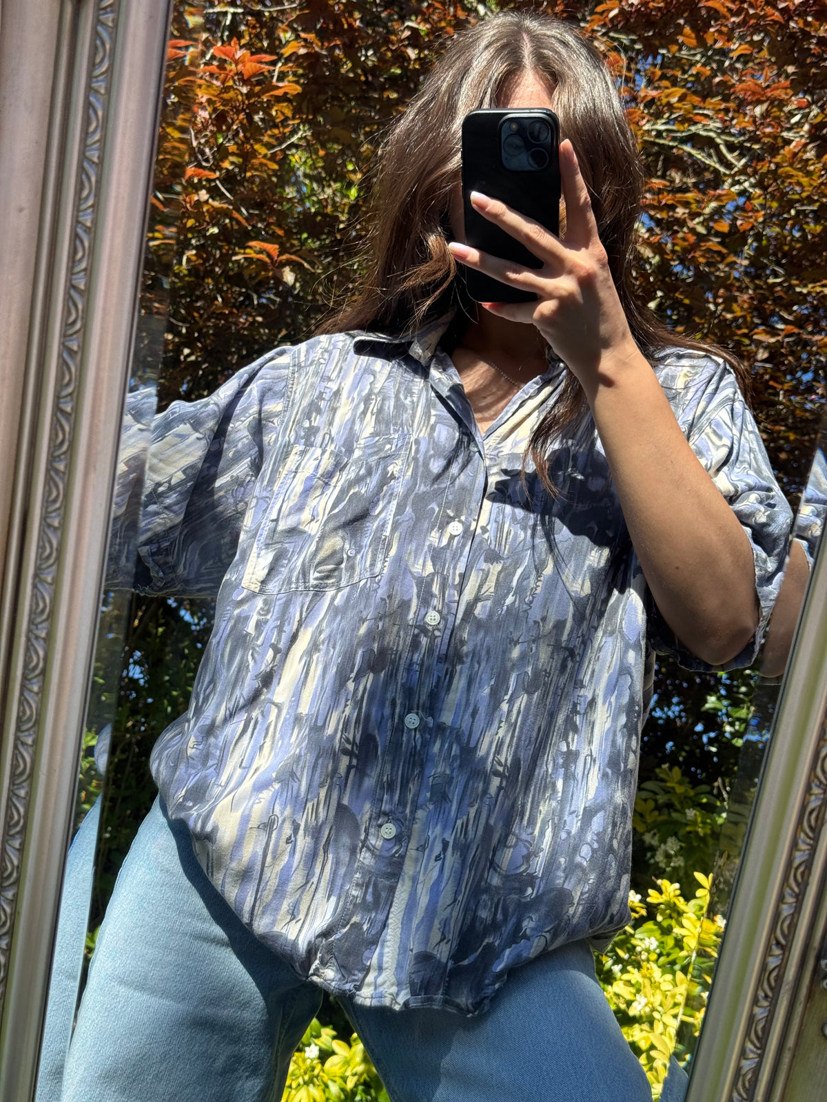 Vintage 90s Abstract Print Shirt | Oversized Blue Grey Pattern Short Sleeve Unisex