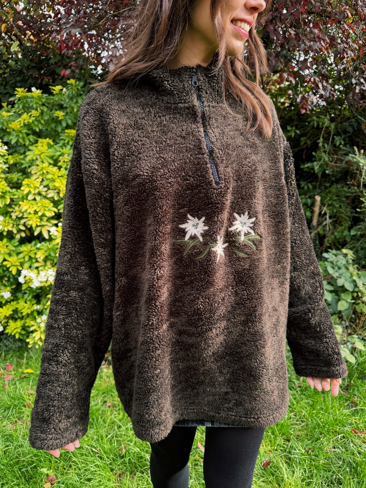 Vintage Brown Floral Embroidered 1/4 Zip Teddy Fleece