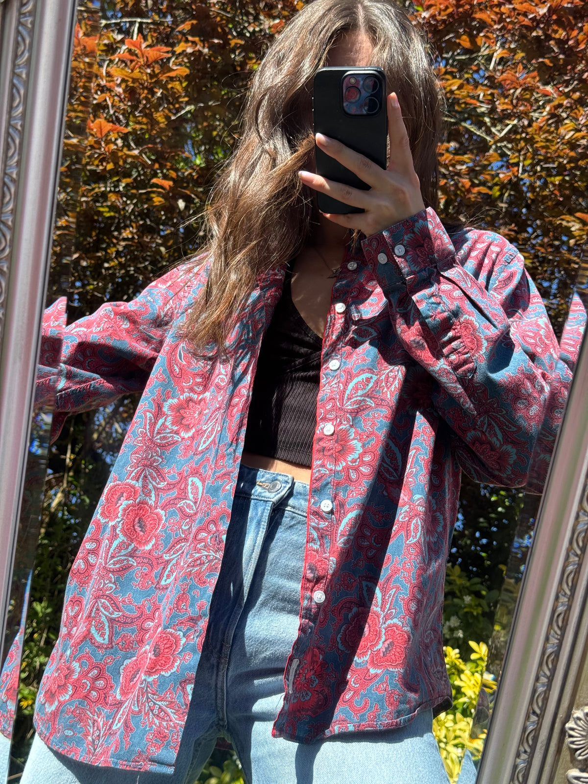 Vintage Paisley Pattern Long Sleeve Shirt | Floral Print Blue & Red