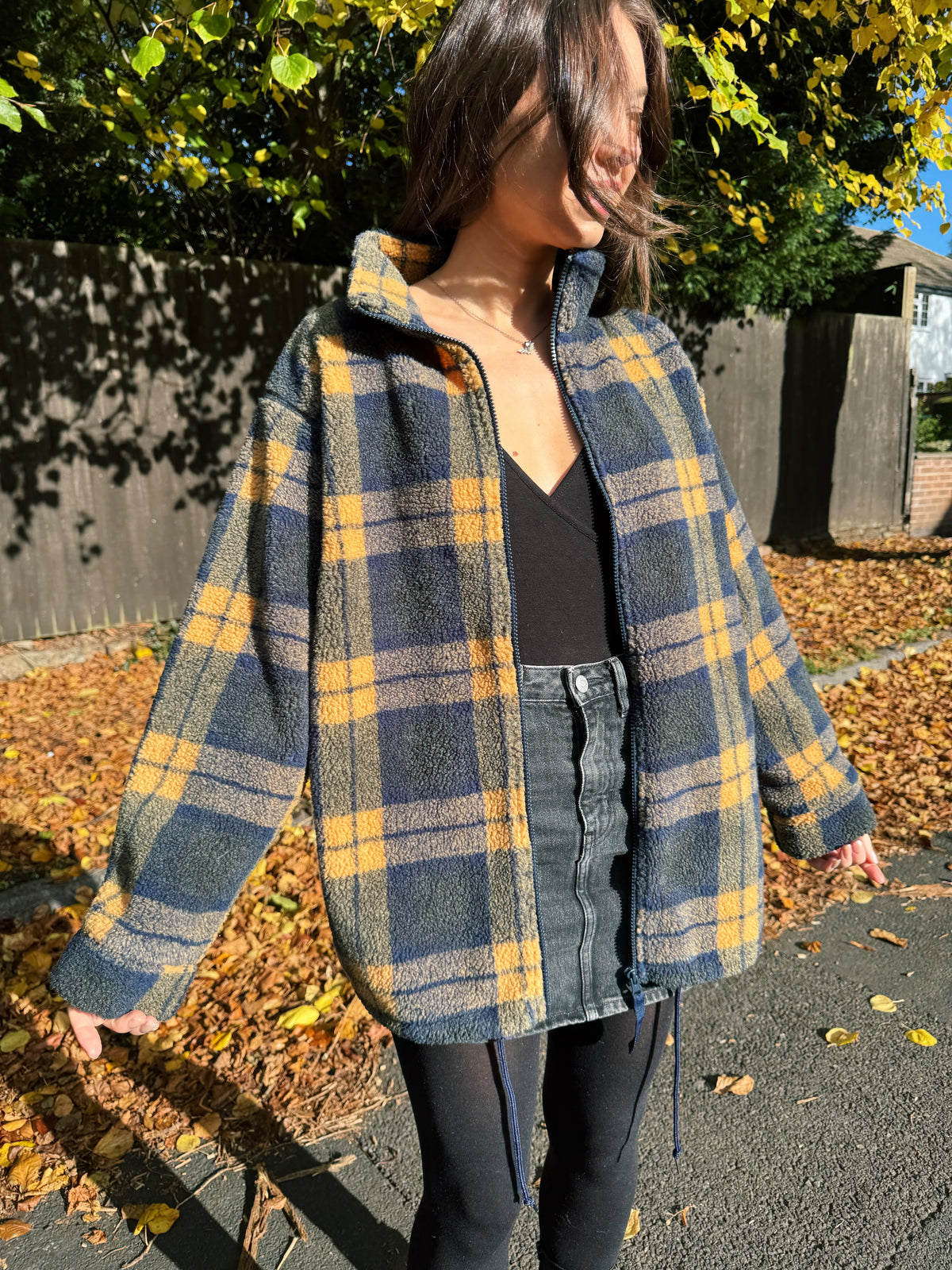 Vintage Navy & Mustard Plaid Zip Up Teddy Fleece Jacket
