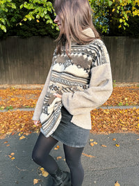 Vintage Beige & Brown Patterned Teddy Fleece Pullover