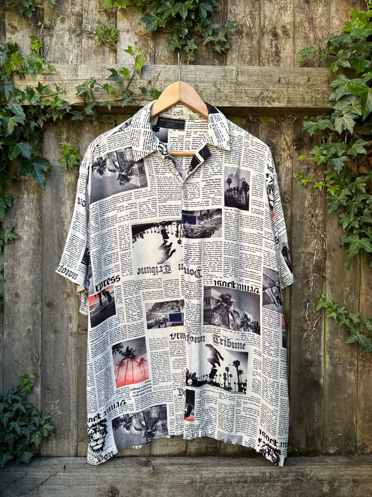 Retro Newspaper Print Shirt | Monochrome Graphic Short Sleeve