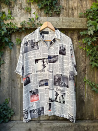Retro Newspaper Print Shirt | Monochrome Graphic Short Sleeve