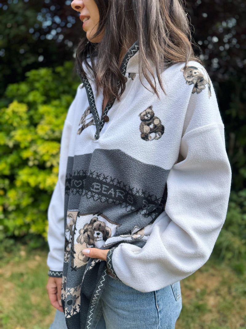 Vintage Teddy Bear Patterned 1/4 Button Fleece Jacket