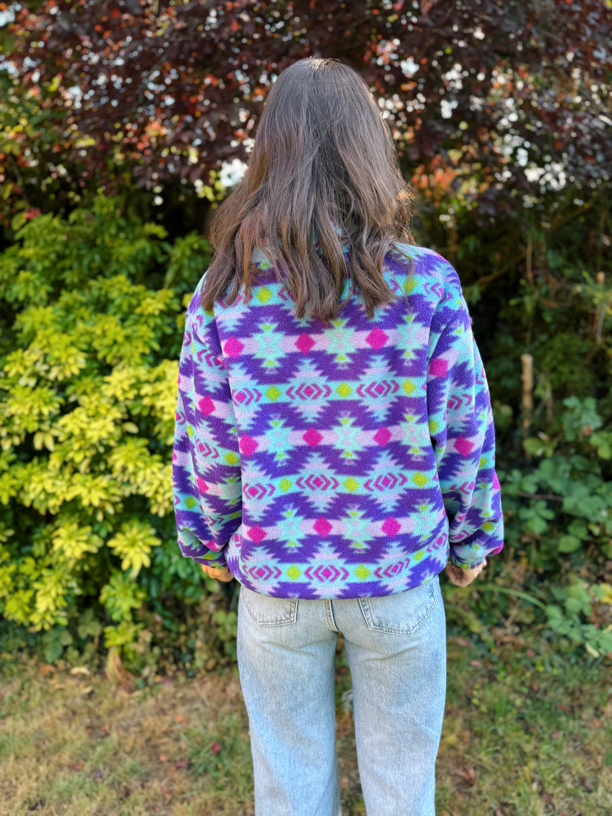 Vintage Geometric Pattern 1/4 Zip Polartec Fleece Pullover Purple & Teal