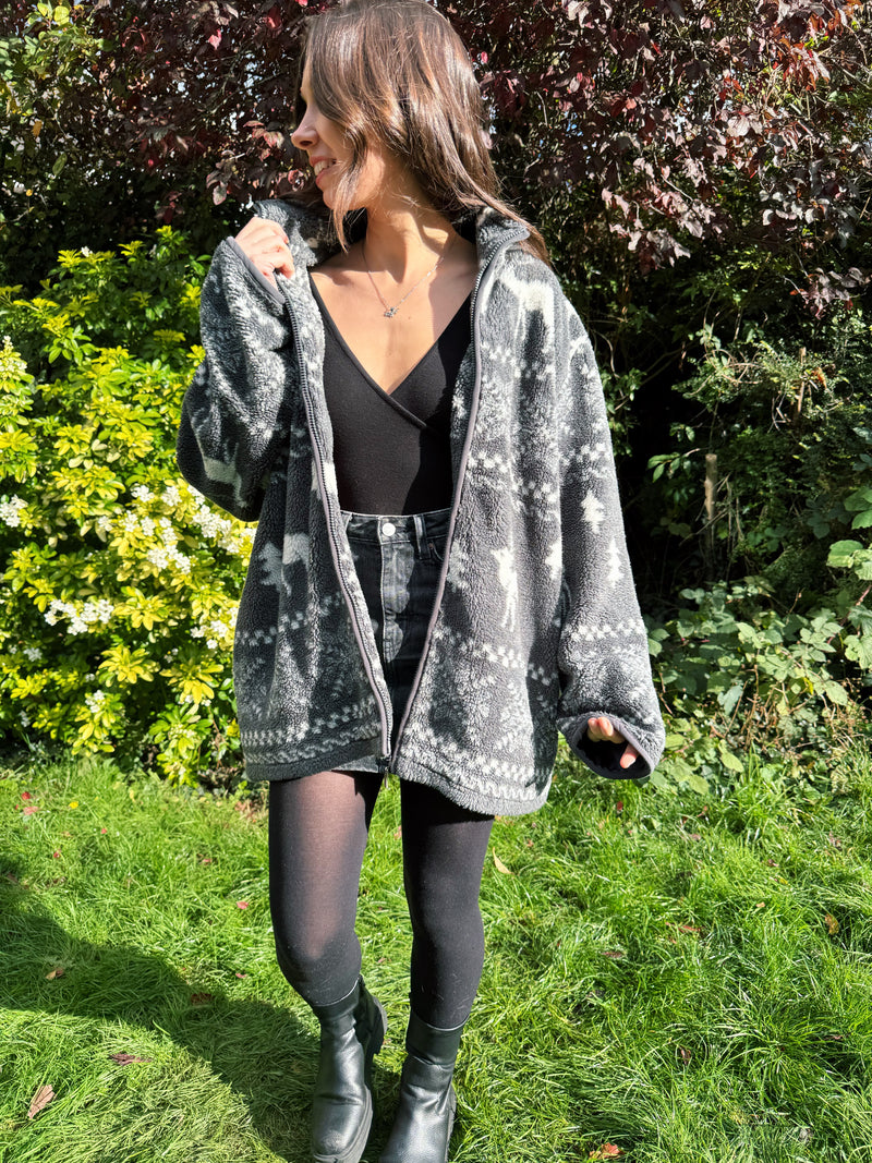 Vintage Reindeer Patterned Zip-Up Teddy Fleece Jacket