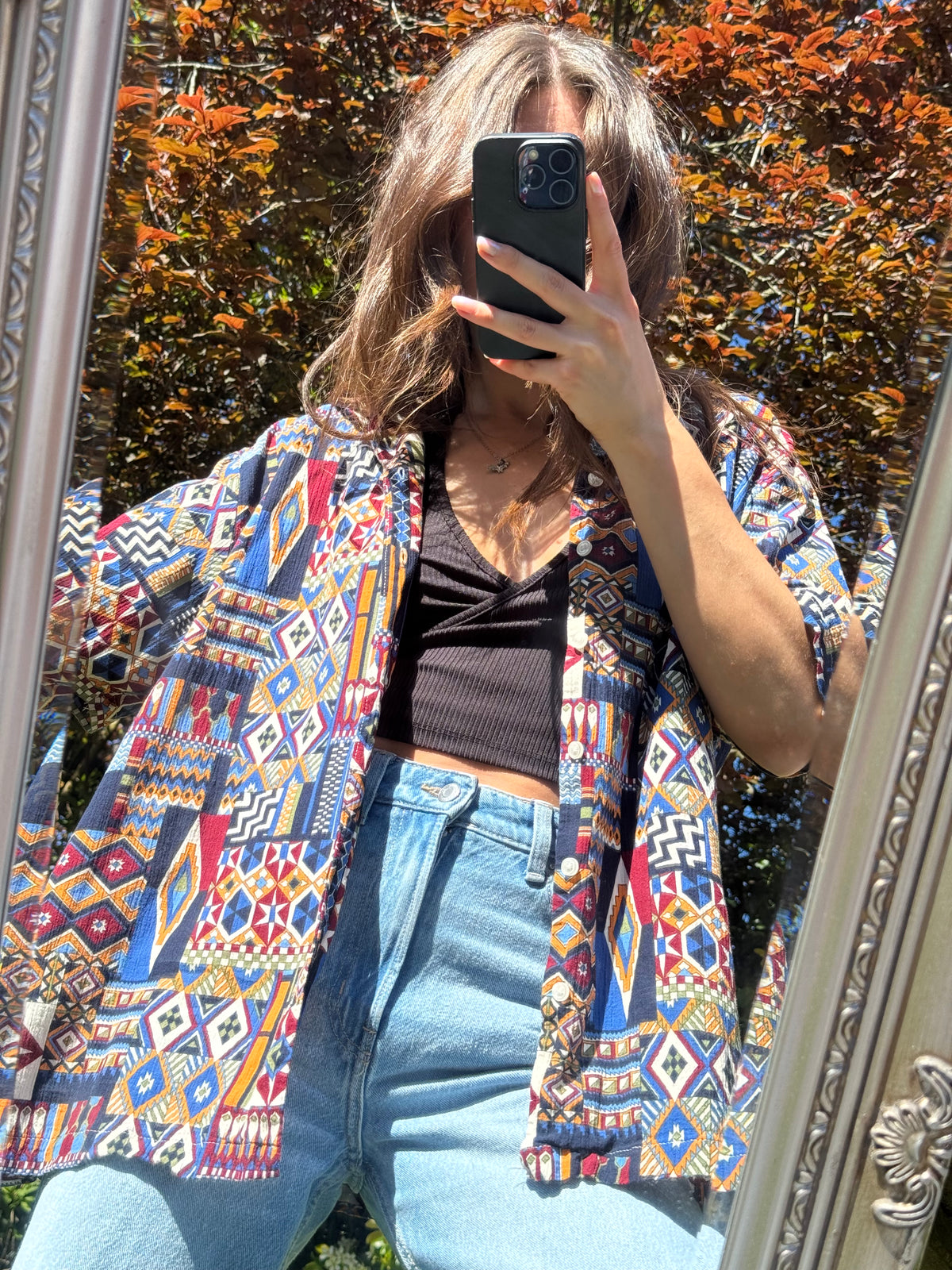 Vintage Aztec Geometric Print Shirt | 90s Colourful Pattern
