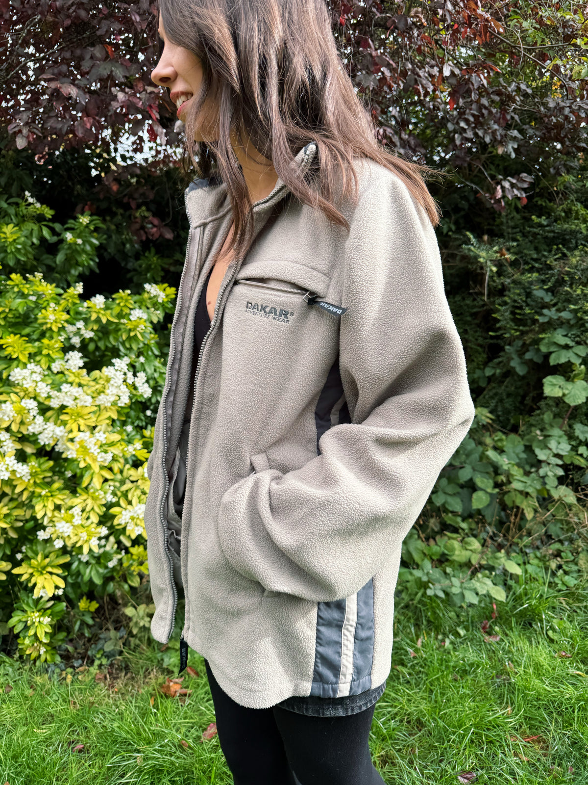 Vintage Beige Zip Up Fleece Jacket with Grey Side Panels