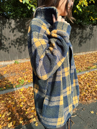 Vintage Navy & Mustard Plaid Zip Up Teddy Fleece Jacket