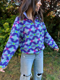 Vintage Geometric Pattern 1/4 Zip Polartec Fleece Pullover Purple & Teal