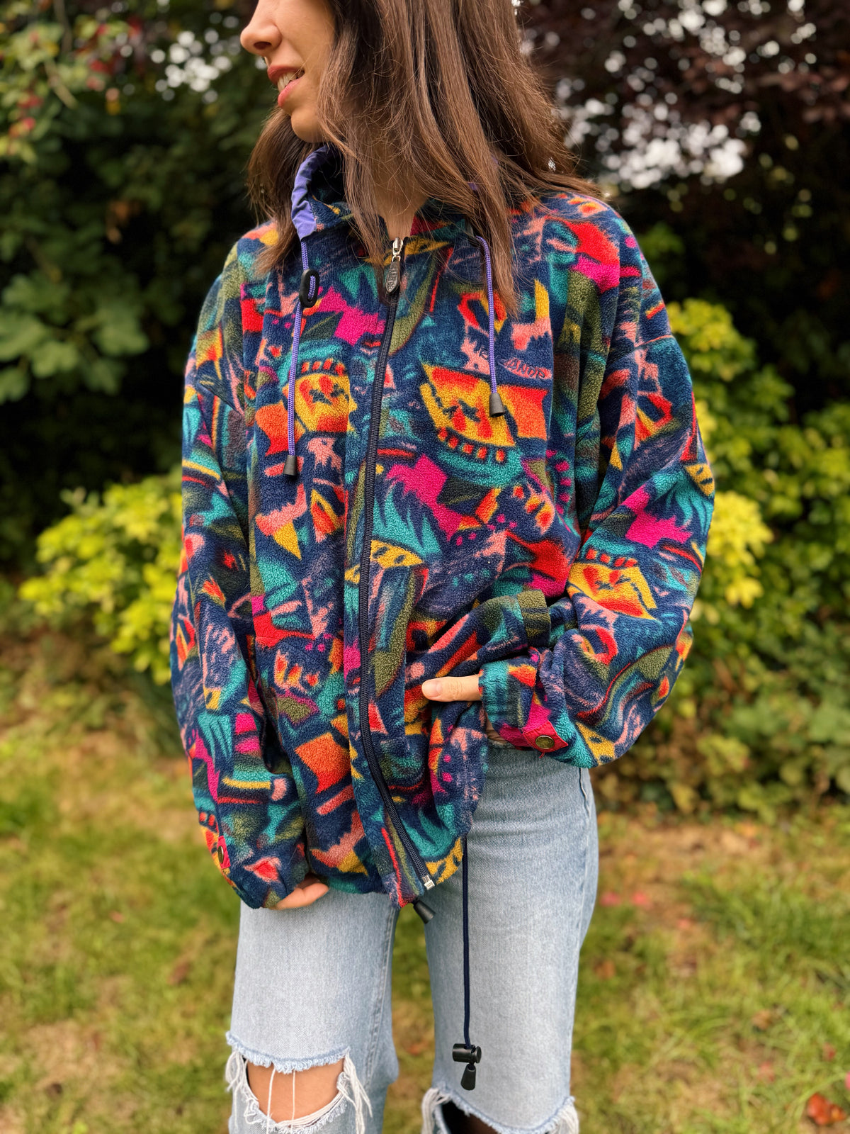 Vintage Multi Colour Pattern Full Zip Fleece Jacket