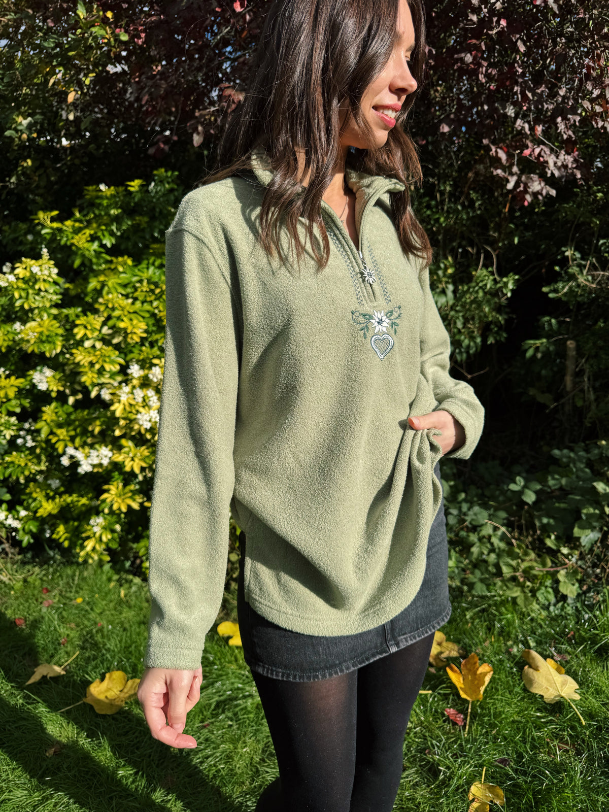 Vintage Sage Green Embroidered 1/4 Zip Fleece Pullover