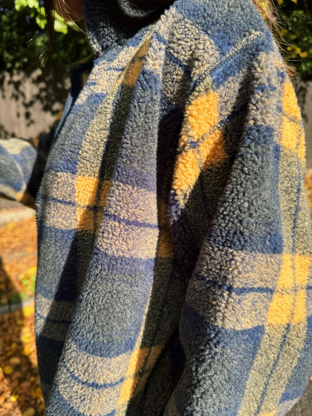 Vintage Navy & Mustard Plaid Zip Up Teddy Fleece Jacket