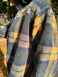 Vintage Navy & Mustard Plaid Zip Up Teddy Fleece Jacket