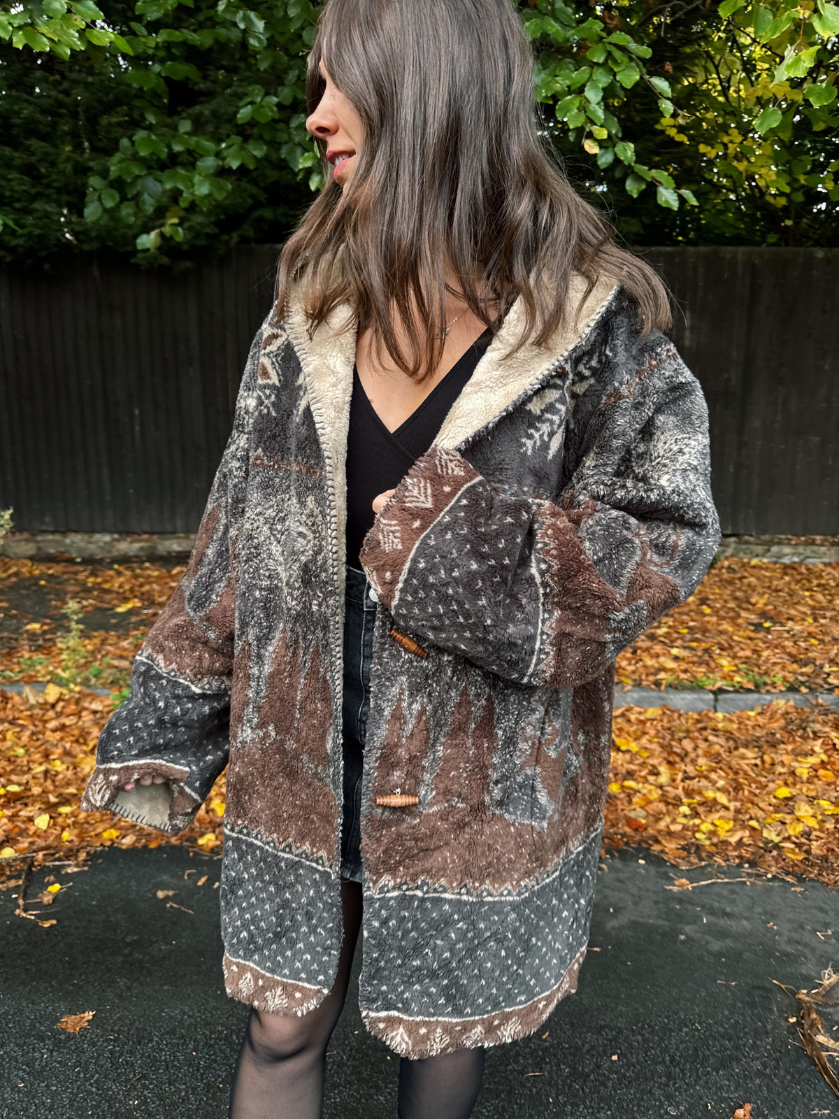 Vintage Woodland Deer Patterned Fleece Jacket With Hood